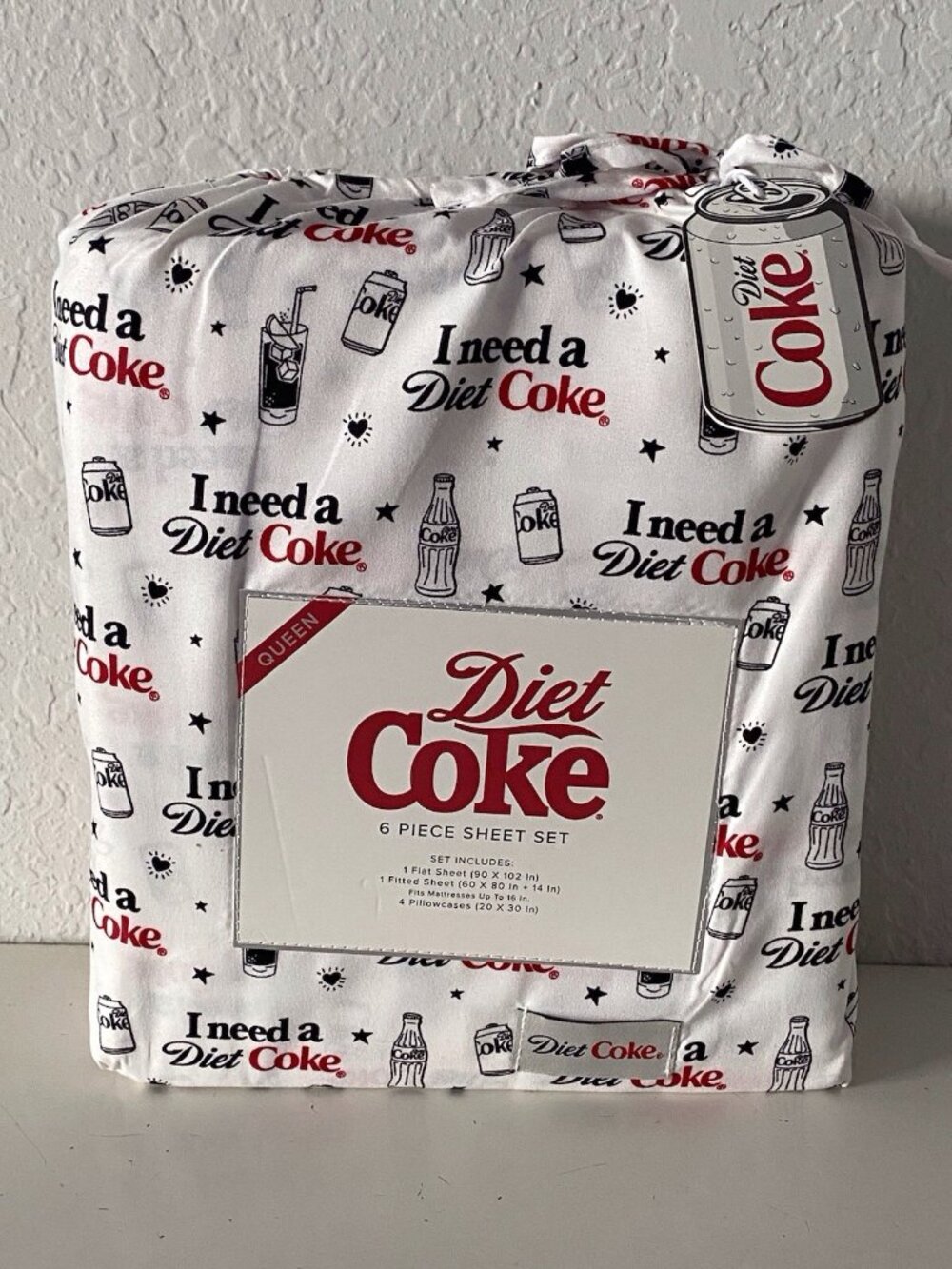 6 Piece I Need A Diet Coke QUEEN Size Sheet Set Bedding Can Bottle Soft NEW